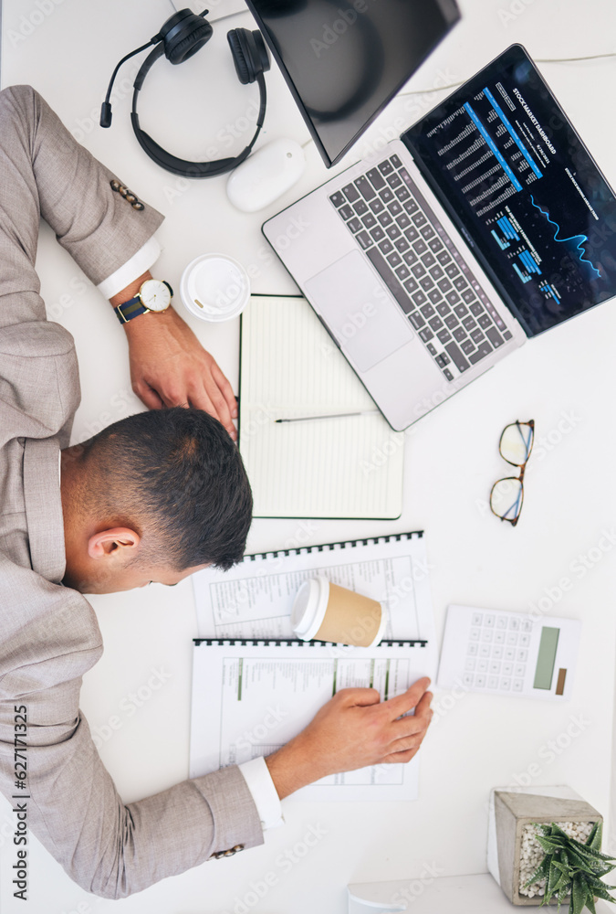 Above, tired and a businessman with work burnout, investment or financial analysis stress. Desk, doc