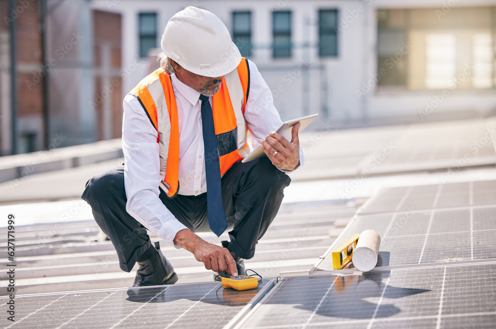 Tablet, solar panels and engineering man on rooftop, city and urban development, sustainability or e