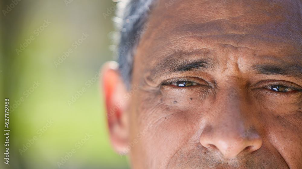 Eyes, vision and closeup of elderly man, face and wisdom with focus, insight and thinking with mocku