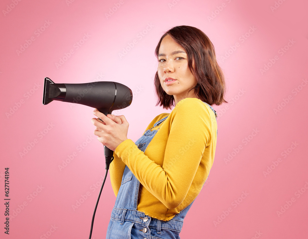 Hairdryer, salon and beauty with portrait of woman in studio for hairdresser, hair care and cosmetic