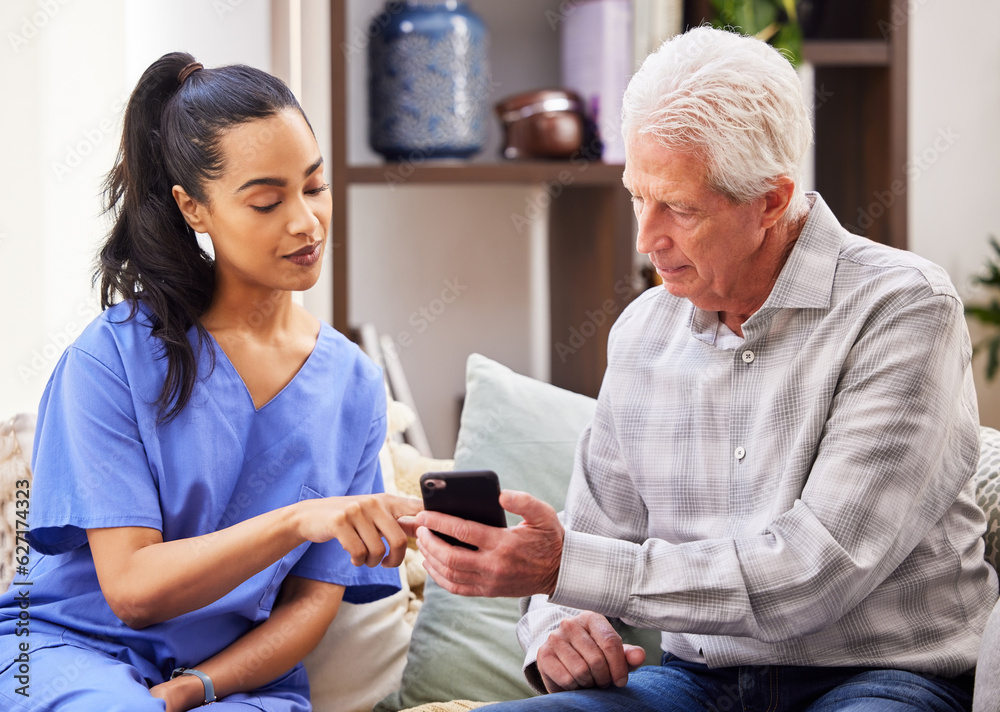 Nurse, woman and elderly patient with a smartphone, couch or connection with telehealth, website inf