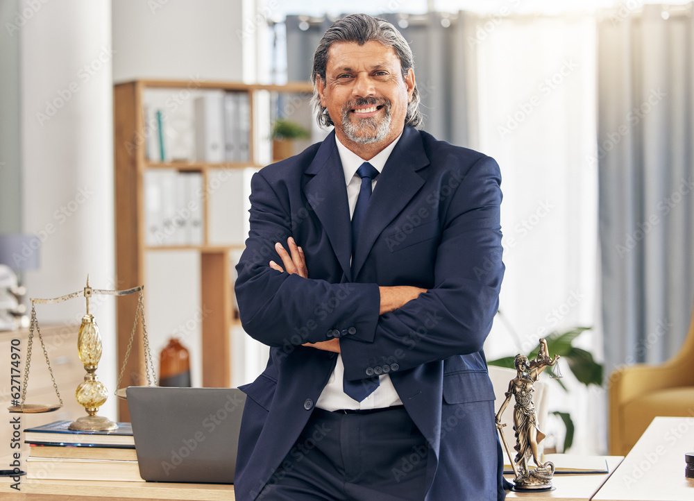 Portrait, lawyer and arms crossed with smile man in office for legal advice at law firm. Attorney, j