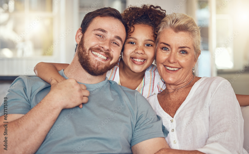 Portrait, happy family and grandmother, kid and father in home, bonding and relax together in living