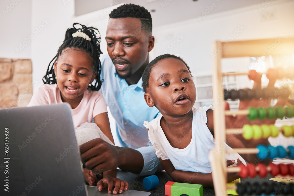 Black family, laptop and elearning, father and girl children, education and helping with math school