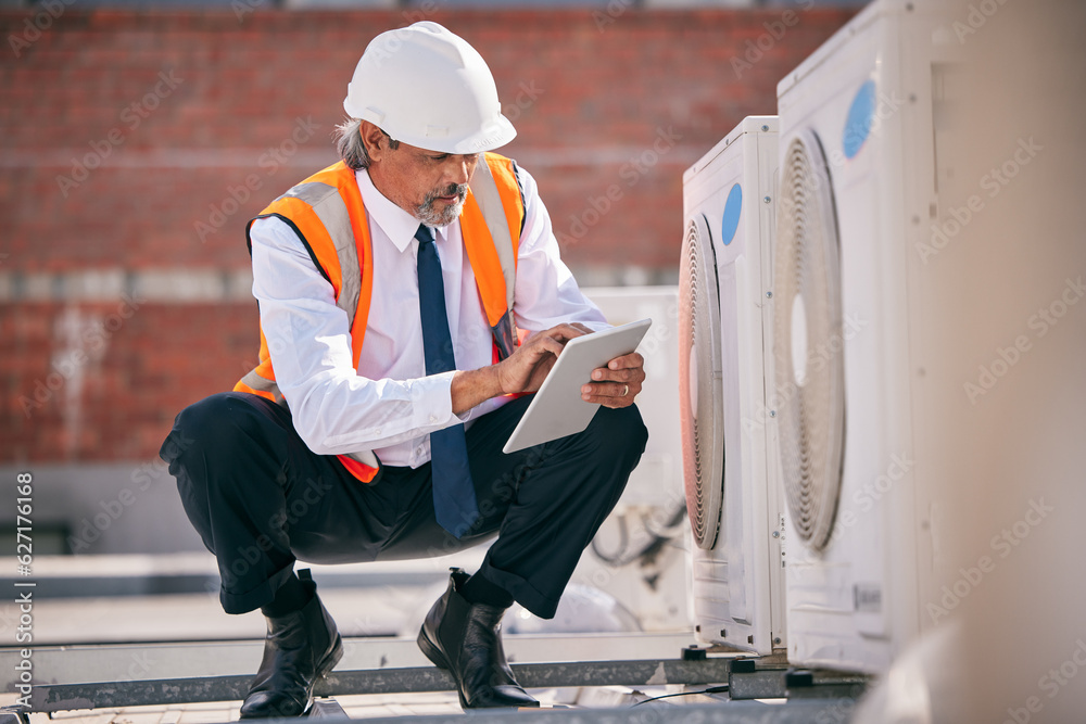 Air conditioner, roof and engineering man on tablet, maintenance and check electrical power, generat