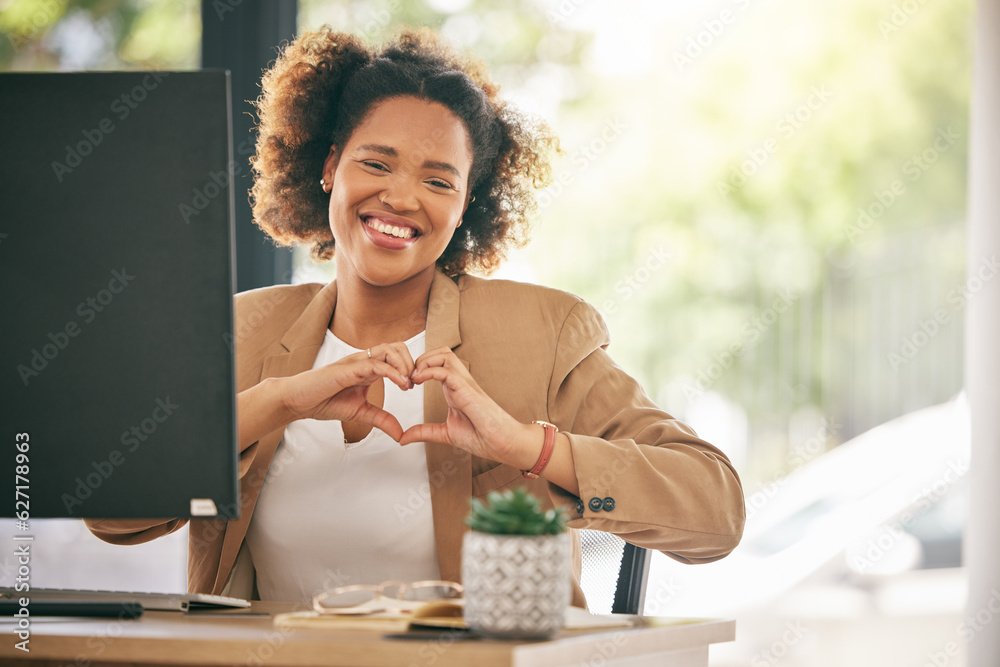 Portrait, business woman and smile with heart hands in office for care, kindness or love emoji. Happ