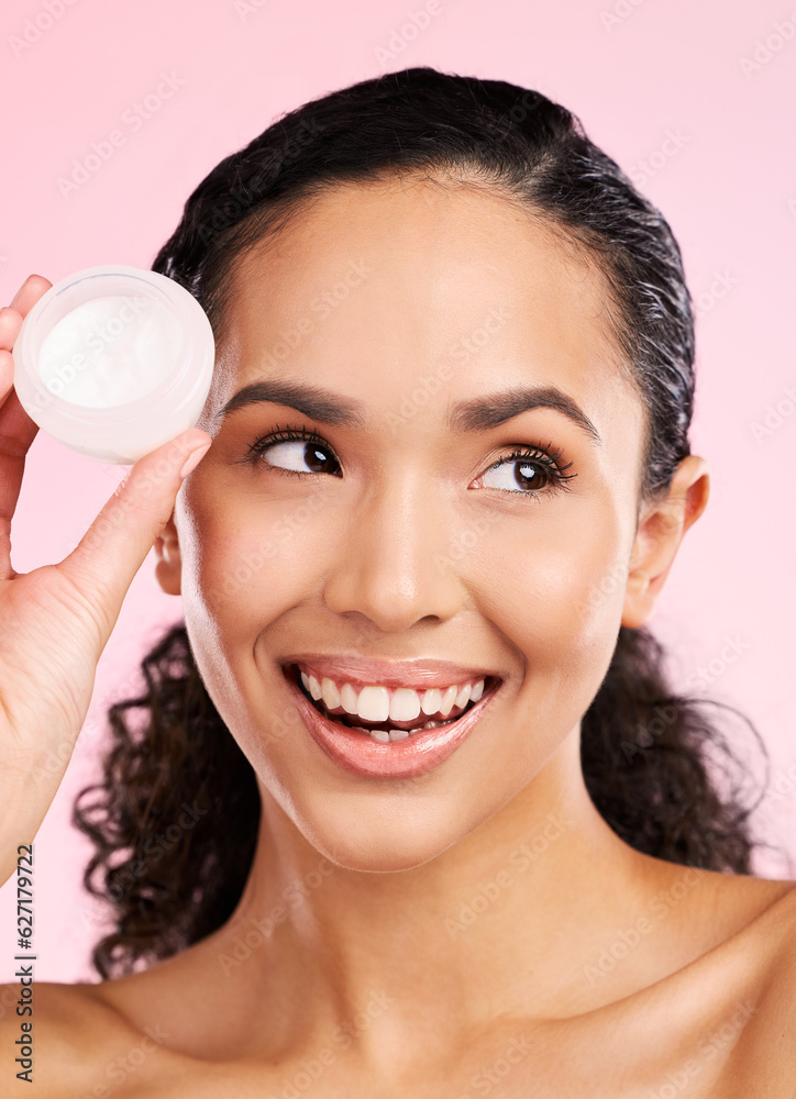 Skincare, happy and woman with cream jar in studio isolated on a pink background. Smile, beauty and 