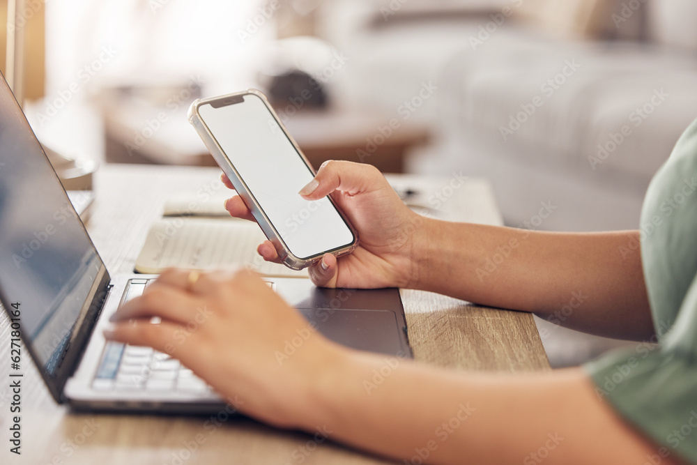 Hands, typing on laptop with phone and remote work, freelancer checking email screen or social media