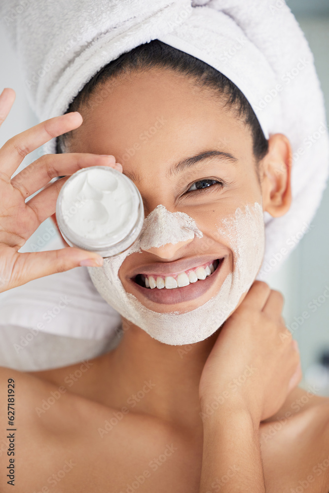 Shower, happy woman and portrait with mask, jar and skincare product in bathroom for aesthetic cosme