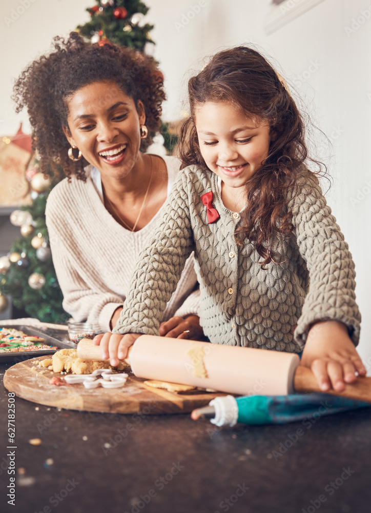 Kid, baker and mother on christmas with happiness for teaching on kitchen counter for lunch. Smile, 