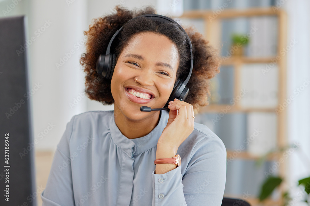 Call center, crm and happy woman at help desk office, sales and telemarketing with headset for talki