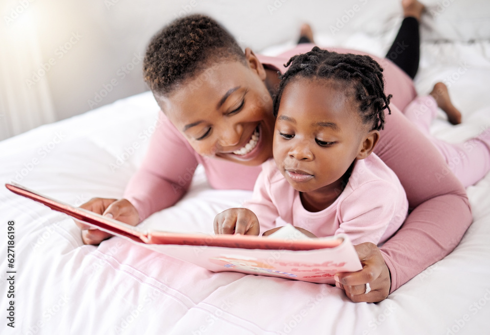 Book, reading and mother with child in bed for learning, bond and fantasy at home. Storytelling, fam