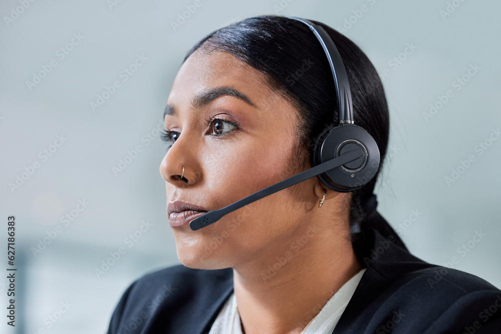 Contact us, call center and business woman face with headset and phone consultation. Crm, telemarket