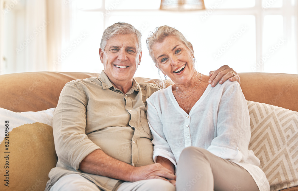 Old couple, hug and portrait, retirement together with love and care in marriage, people on sofa at 