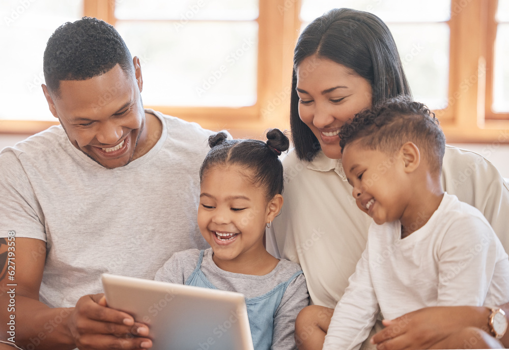 Family smile, tablet and streaming in home living room, bonding and funny. Technology, happy and kid