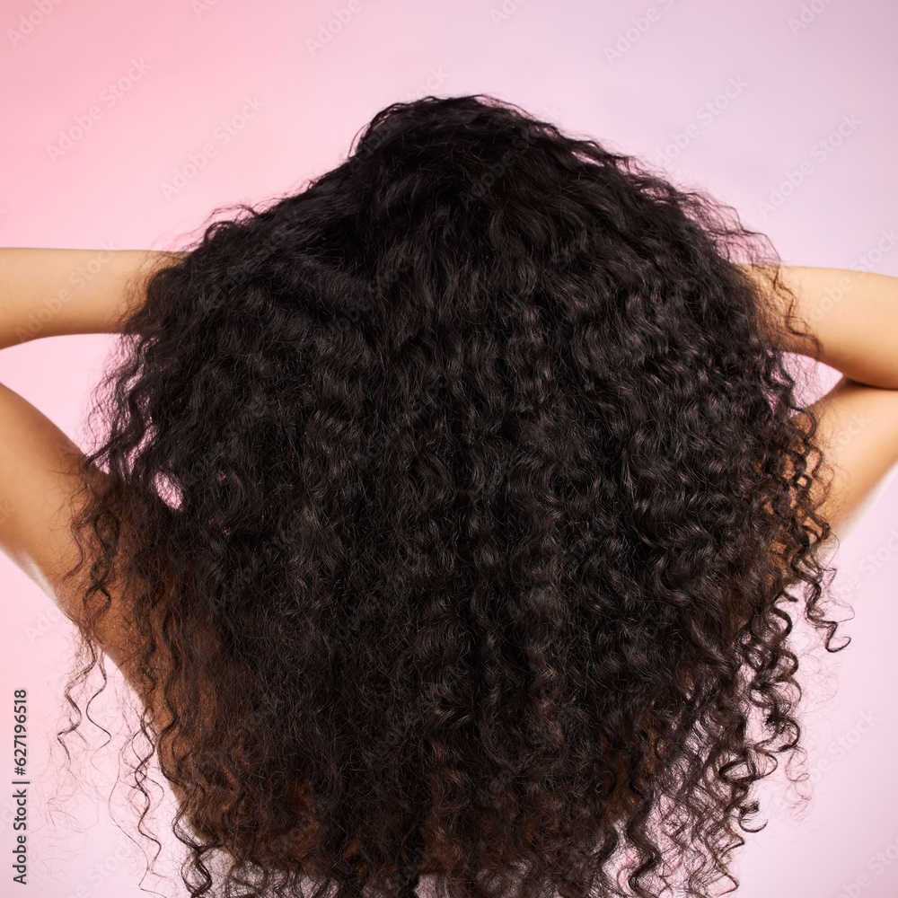 Hair, beauty and back of person with hairstyle transformation and curly texture. Model, salon treatm