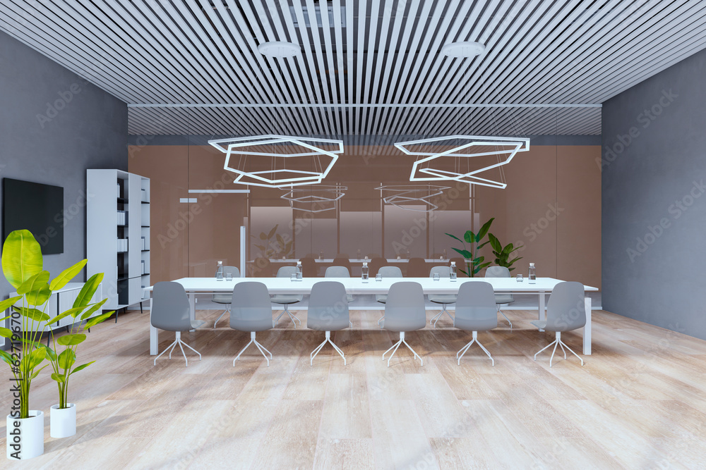 Bright loft meeting room interior with furniture, equipment, various other objects and daylight. 3D 