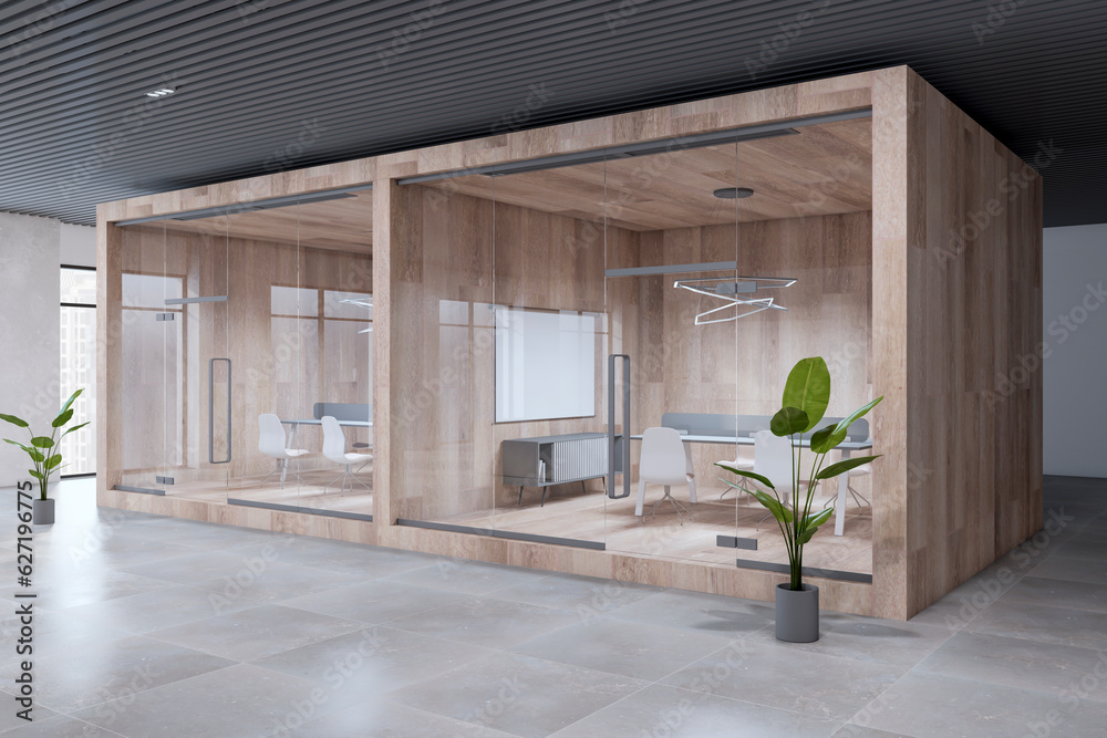 Clean wooden and concrete open space designer office interior with furniture, panoramic windows with