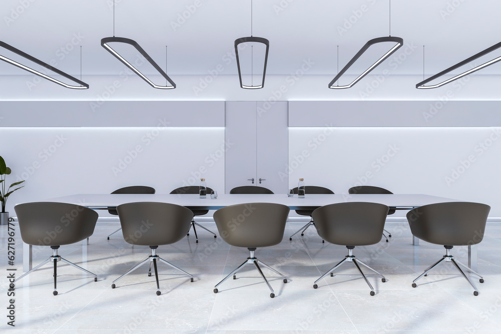 Front view of modern grey meeting room interior with office desk and chairs, concrete floor and whit