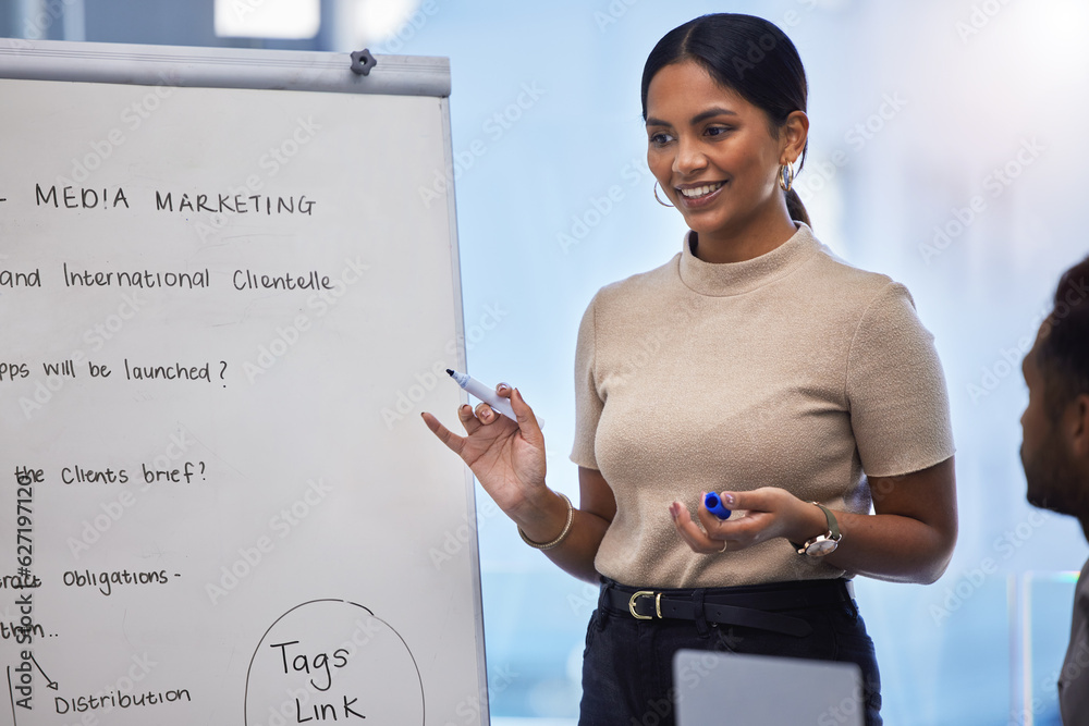 Business, happy woman and leader at whiteboard for discussion, planning presentation and feedback in