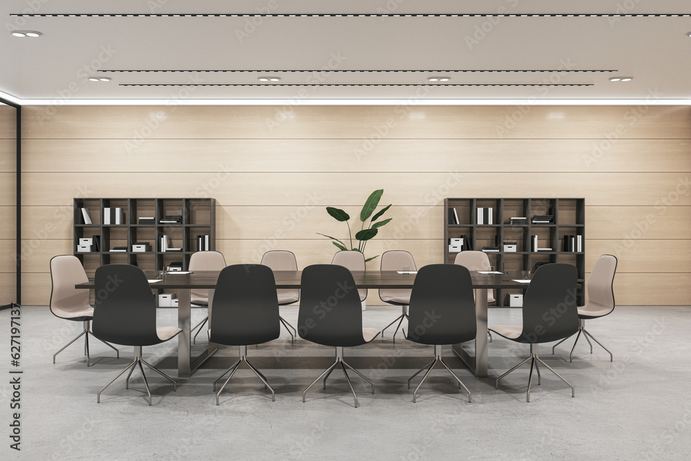 Front view of modern negotiant office room with big working desk and chairs, wooden wall and concret