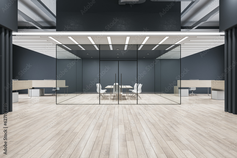 Front view of modern empty office hallway with futuristic design meeting room surrounded by glasses 