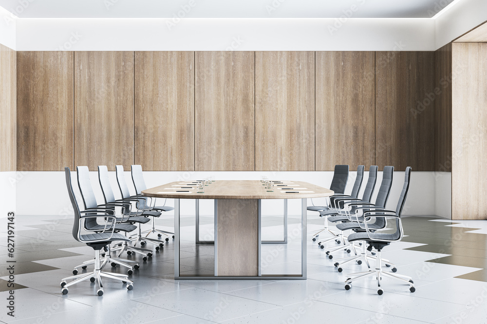 Front view of empty modern conference room with office desk and chairs, wooden wall and tile floor. 