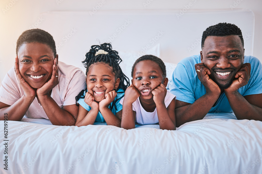 Smile, portrait and black family in bed happy, bond and relax in their home on the weekend. Love, fa