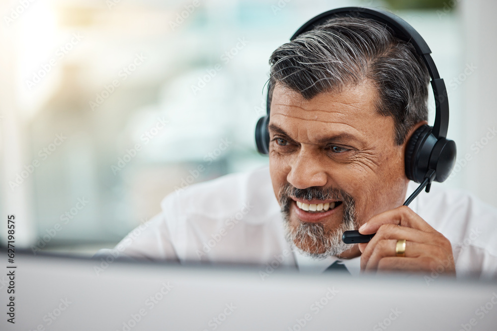 Happy, call center and mature man listening for business, customer service or support. Contact us, t