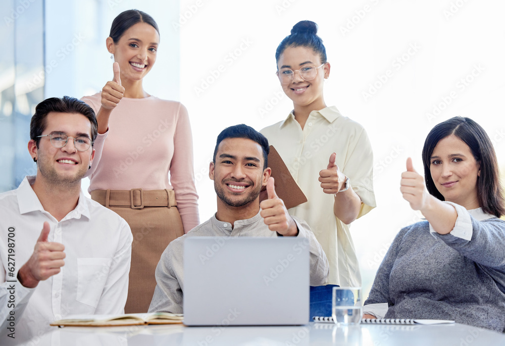 Thumbs up, success and business people in portrait for news on laptop, thank you and teamwork or lik