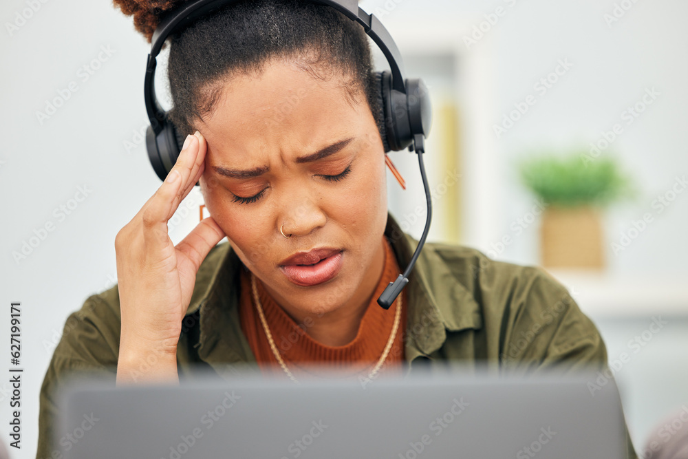 Stress, call center and headache of woman at laptop in customer service agency with pain, burnout or