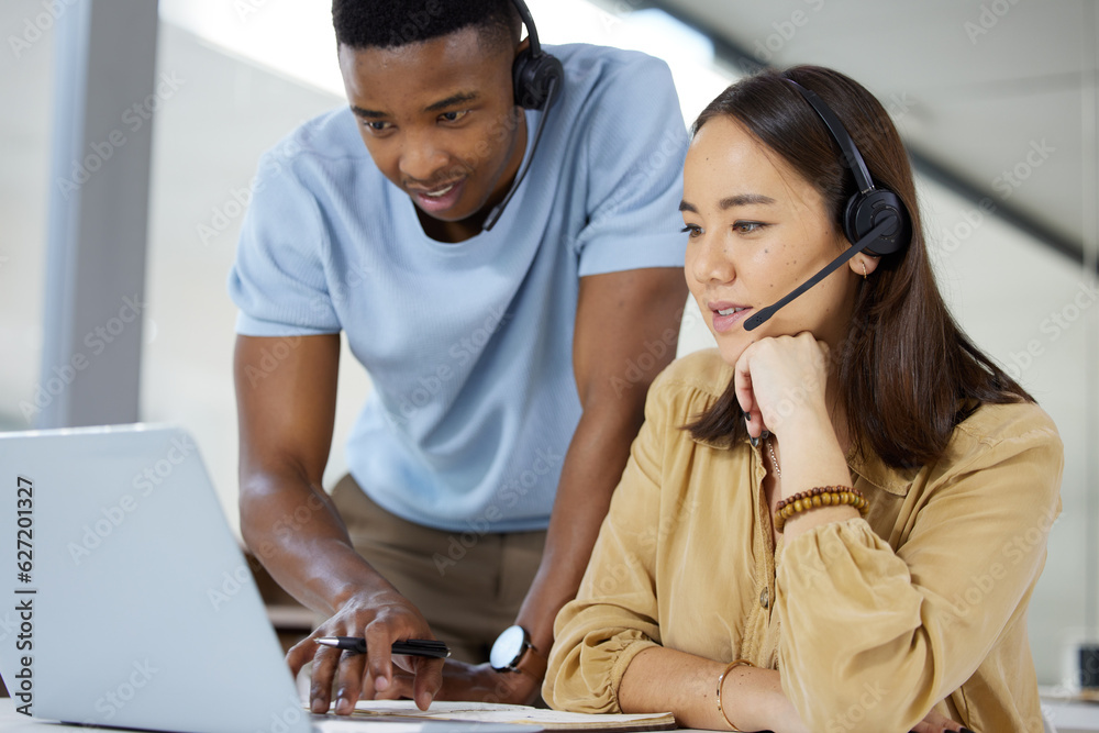 Call center, customer service and manager helping a consultant with crm communication in the office.