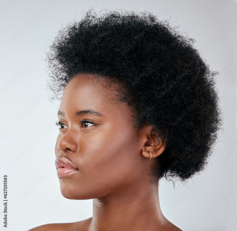 Beauty, black woman and natural hair in studio for cosmetic, treatment and routine on white backgrou