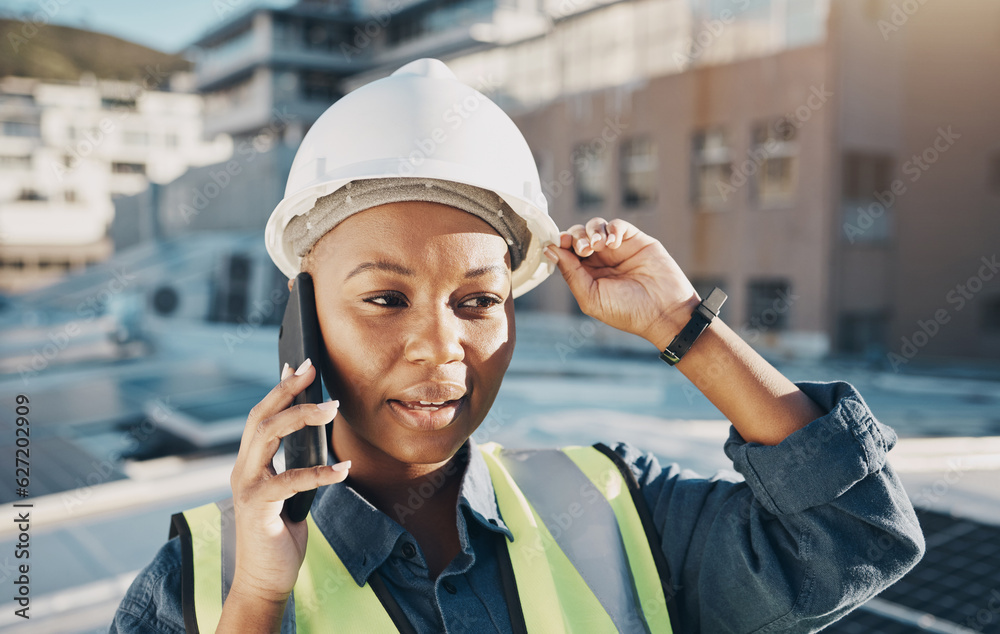 Face of black woman, rooftop solar power and phone call about photovoltaic plate, sustainability or 