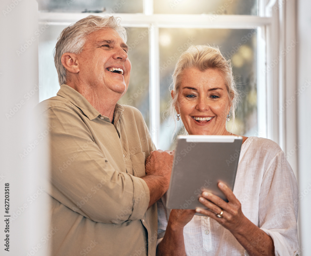 Old couple, tablet and laughing at funny video, connection and retirement together, tech and happine