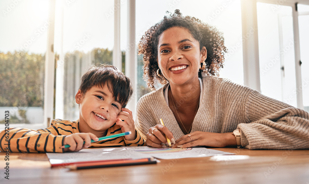 Mom, son child and portrait with homework, smile and helping with support, development and care in f