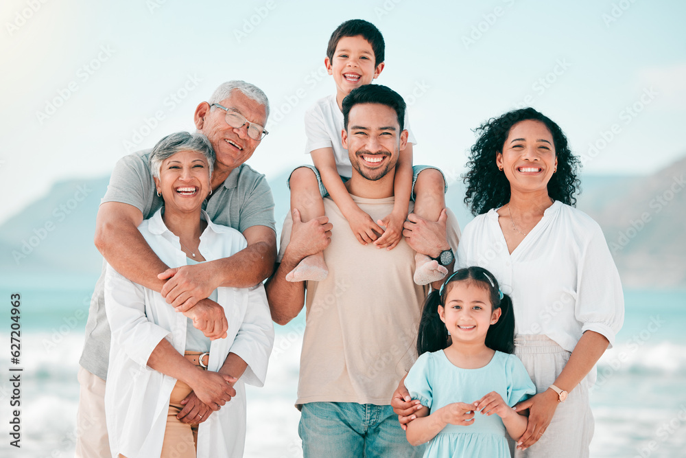 Grandparents, parents or portrait of happy children at sea as a big family for holiday vacation trav