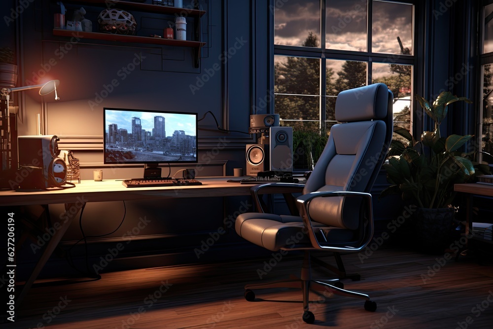 3d rendering of home office interior with computer. Workplace concept. 3D rendering of a gaming room