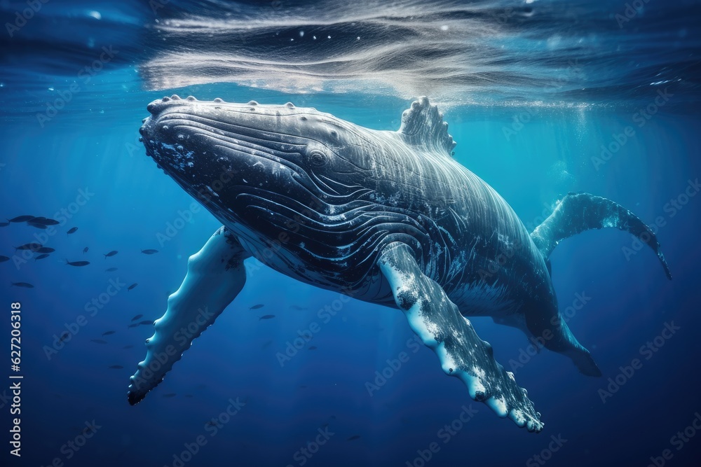 Humpback whale in the blue ocean. Underwater world. A Baby Humpback Whale Plays Near the Surface in 