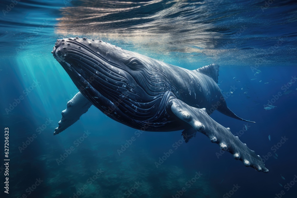 Whale swimming underwater in the ocean. 3D Rendering. A Baby Humpback Whale Plays Near the Surface i