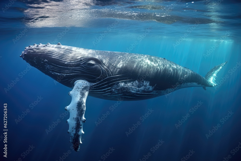 Humpback whale in deep blue ocean. Wildlife scene from underwater. A Baby Humpback Whale Plays Near 