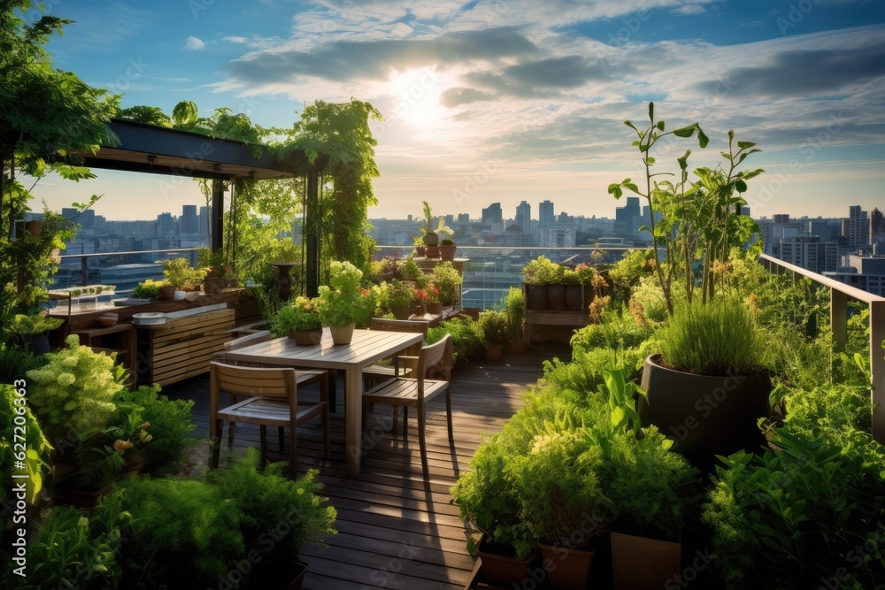 Cafe terrace with beautiful view of the city at sunset. A beautiful city rooftop garden with beautif