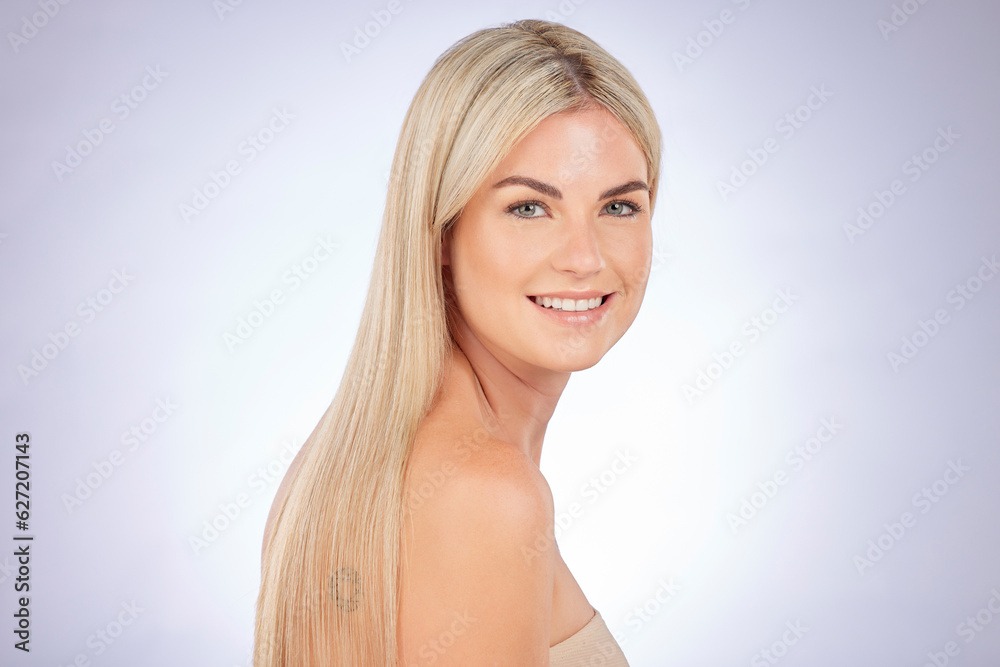 Portrait, blonde and beauty of woman with hair care, natural skincare or aesthetic wellness on studi