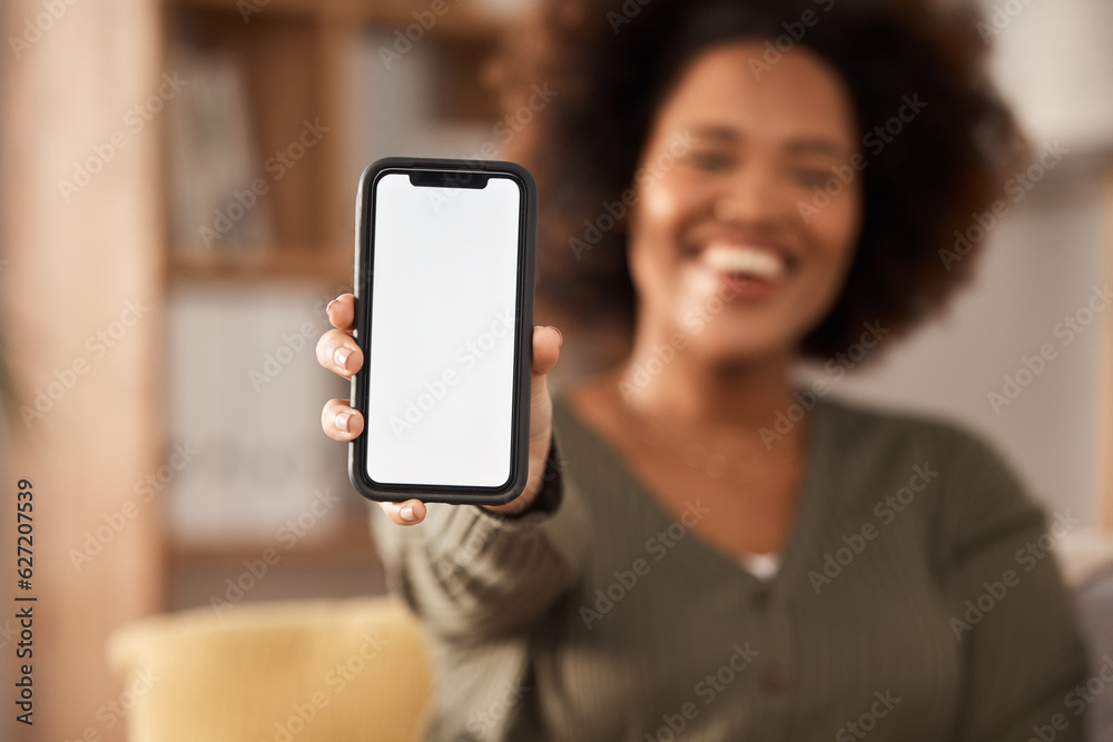 Phone screen, mockup and app, advertising and woman with smartphone in hand, communication and websi