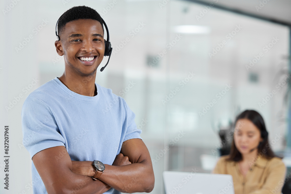 Portrait, call center and arms crossed with a black man consultant standing in his office for suppor