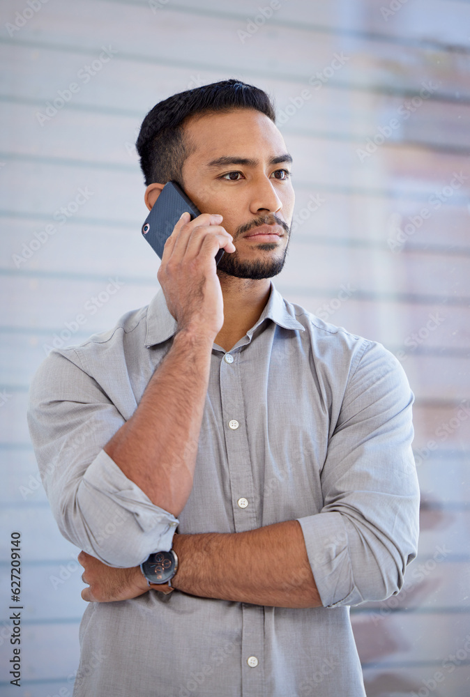 Serious, phone call and Asian man with business, contact and connection with communication, talking 