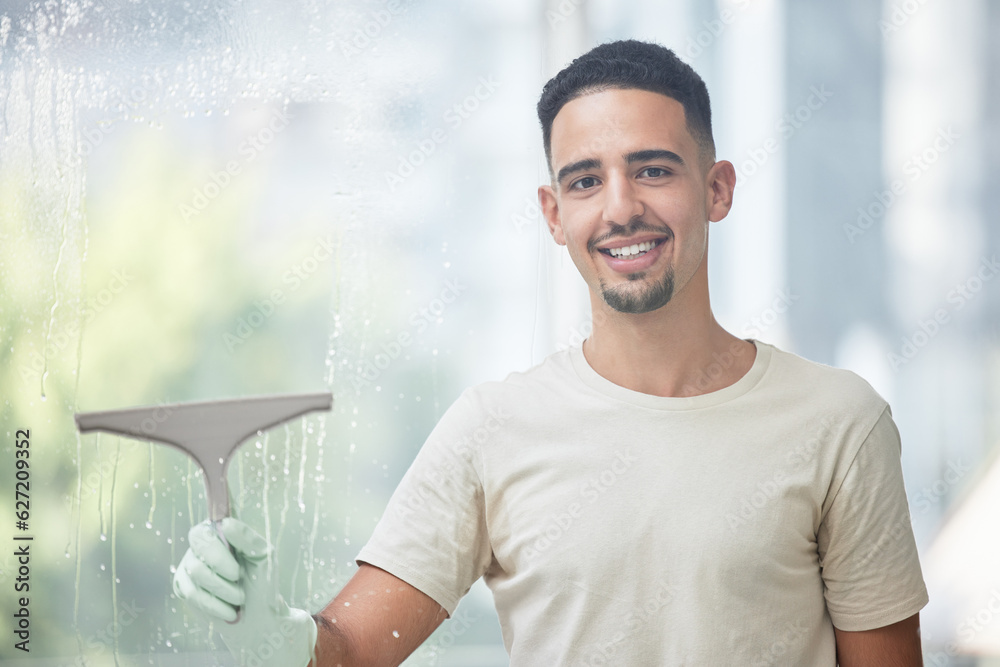 Portrait, happy man and cleaning window on day of for household, hygiene and chores on blurred backg