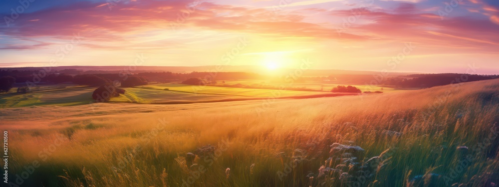 Beautiful colorful natural panoramic landscape at sunset. Field with wild grass in evening in rays o