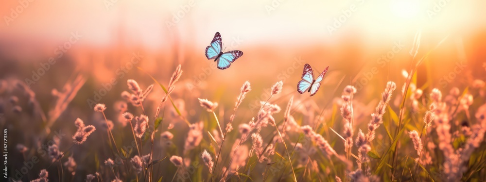 Beautiful fluffy wild grass and fluttering butterflies in field on nature in spring summer in rays o