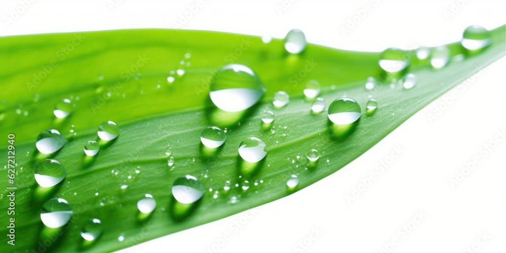 Beautiful transparent natural dew drops or rain on fresh grass leaf isolated on white background. Cl